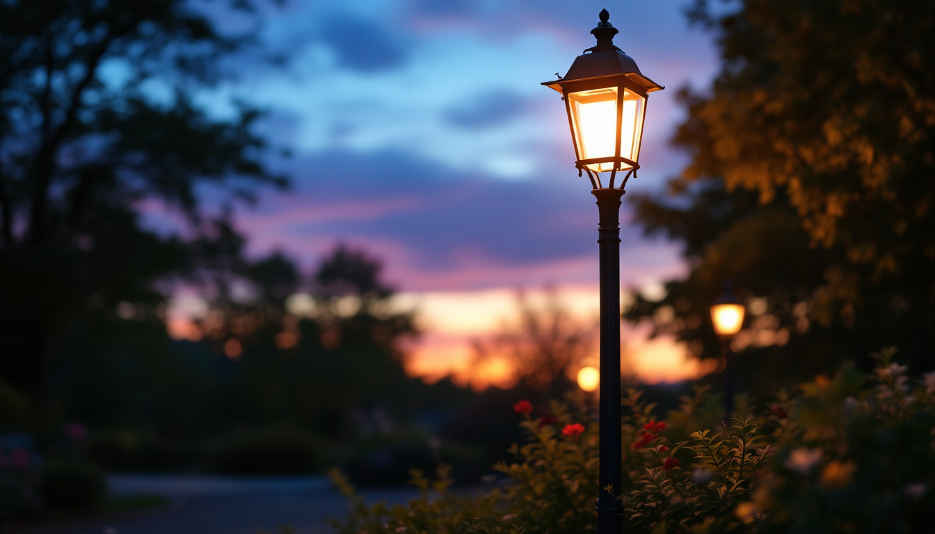 A photograph of a stylish three-light lamp post illuminating a picturesque outdoor setting during twilight