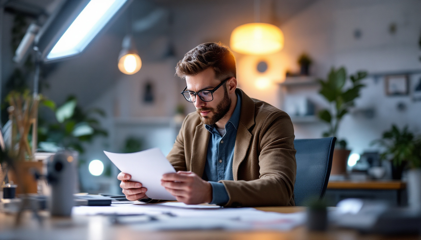 A photograph of a lighting engineer analyzing compliance standards in a well-lit workspace