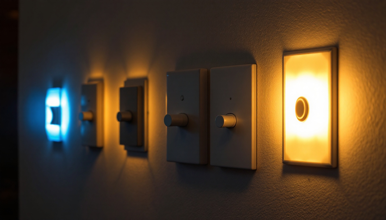 A photograph of a variety of light switch styles in a well-lit room