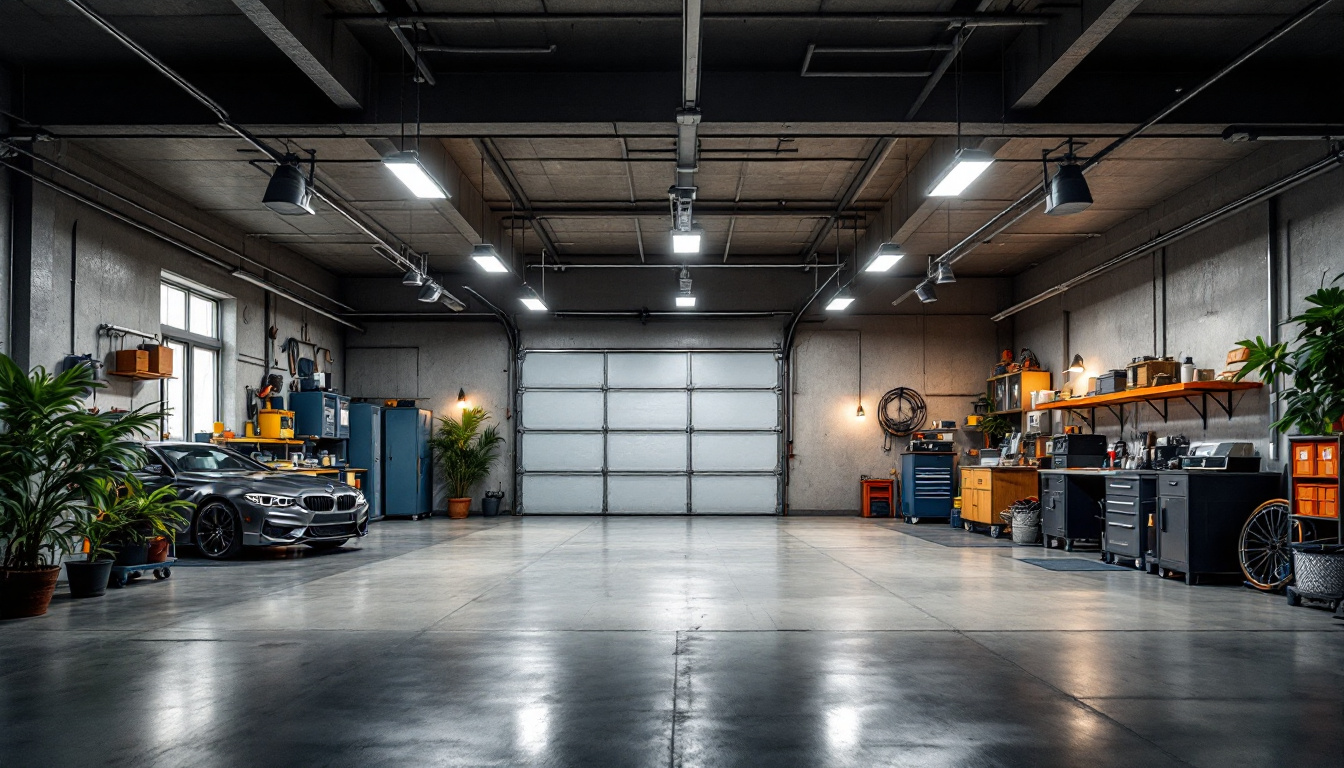 A photograph of a well-lit indoor garage showcasing various lighting options