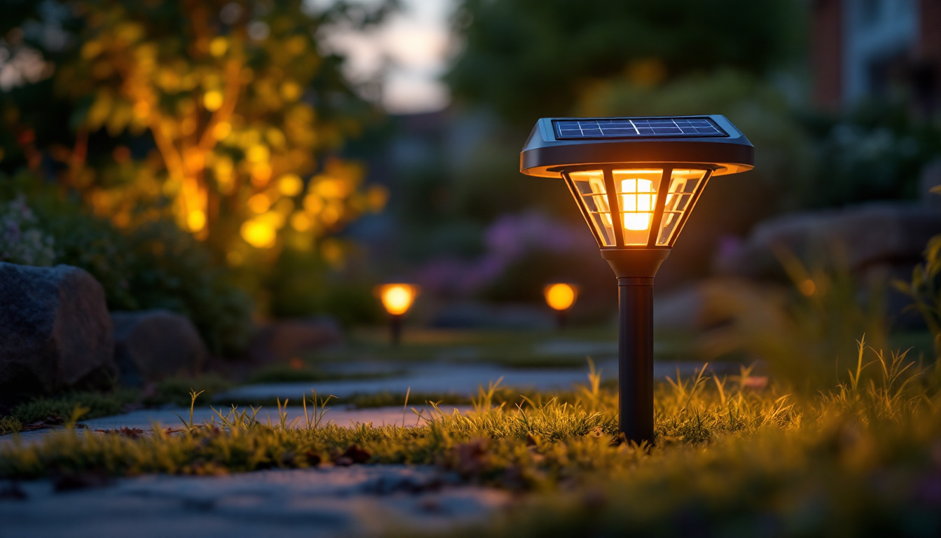 A photograph of capture a photograph of a beautifully illuminated outdoor solar ground light in a landscaped garden setting during twilight