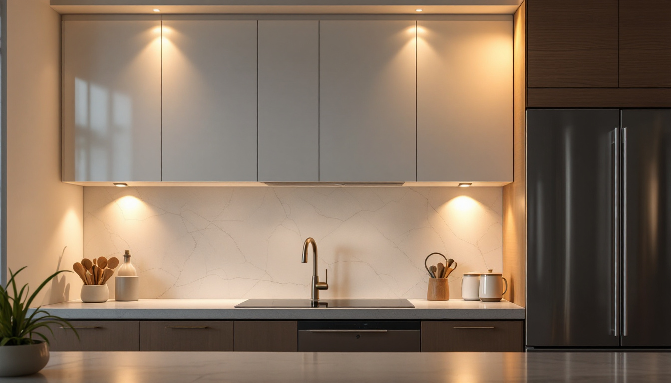 A photograph of a well-lit kitchen showcasing stylish spotlights installed under the cupboards