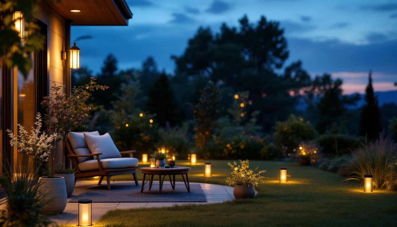 A photograph of a beautifully illuminated outdoor patio scene at dusk