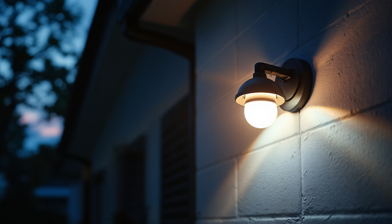 A photograph of a well-lit outdoor security light installation at dusk