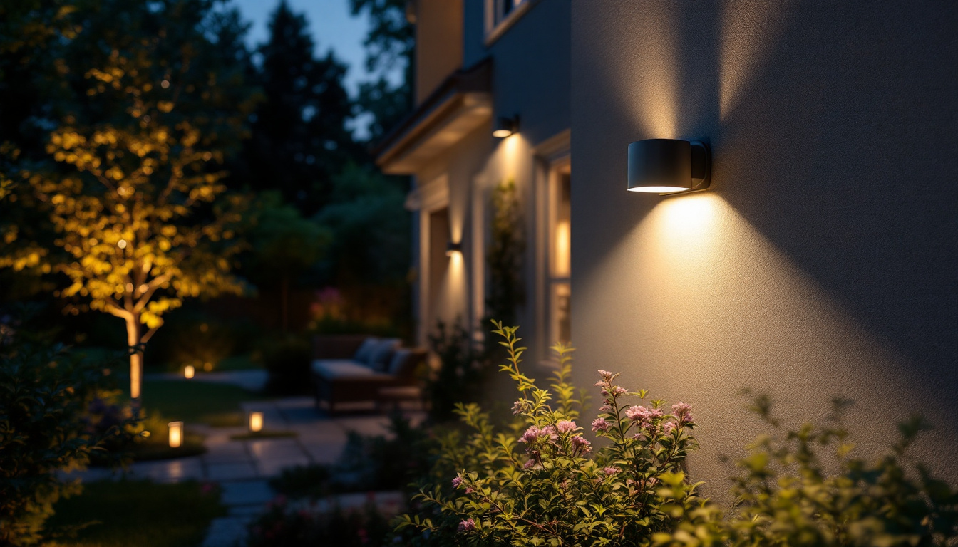 A photograph of a well-lit outdoor space featuring motion-sensored lights in action