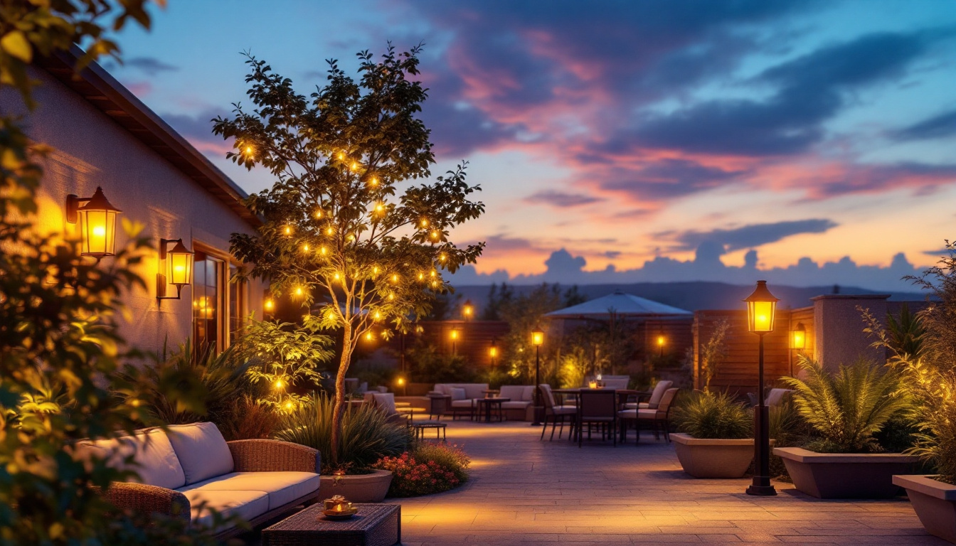 A photograph of a beautifully illuminated outdoor space at dusk