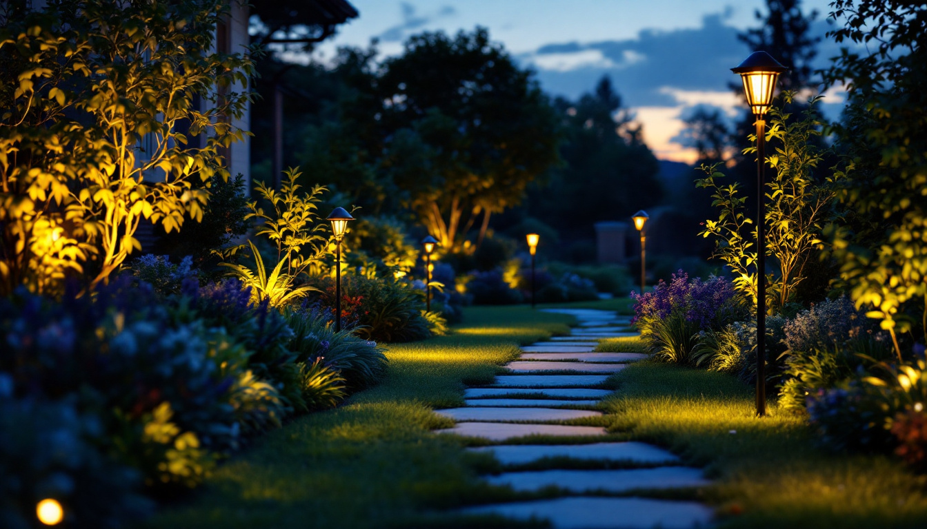 A photograph of a beautifully lit outdoor landscape featuring solar landscape lights illuminating pathways