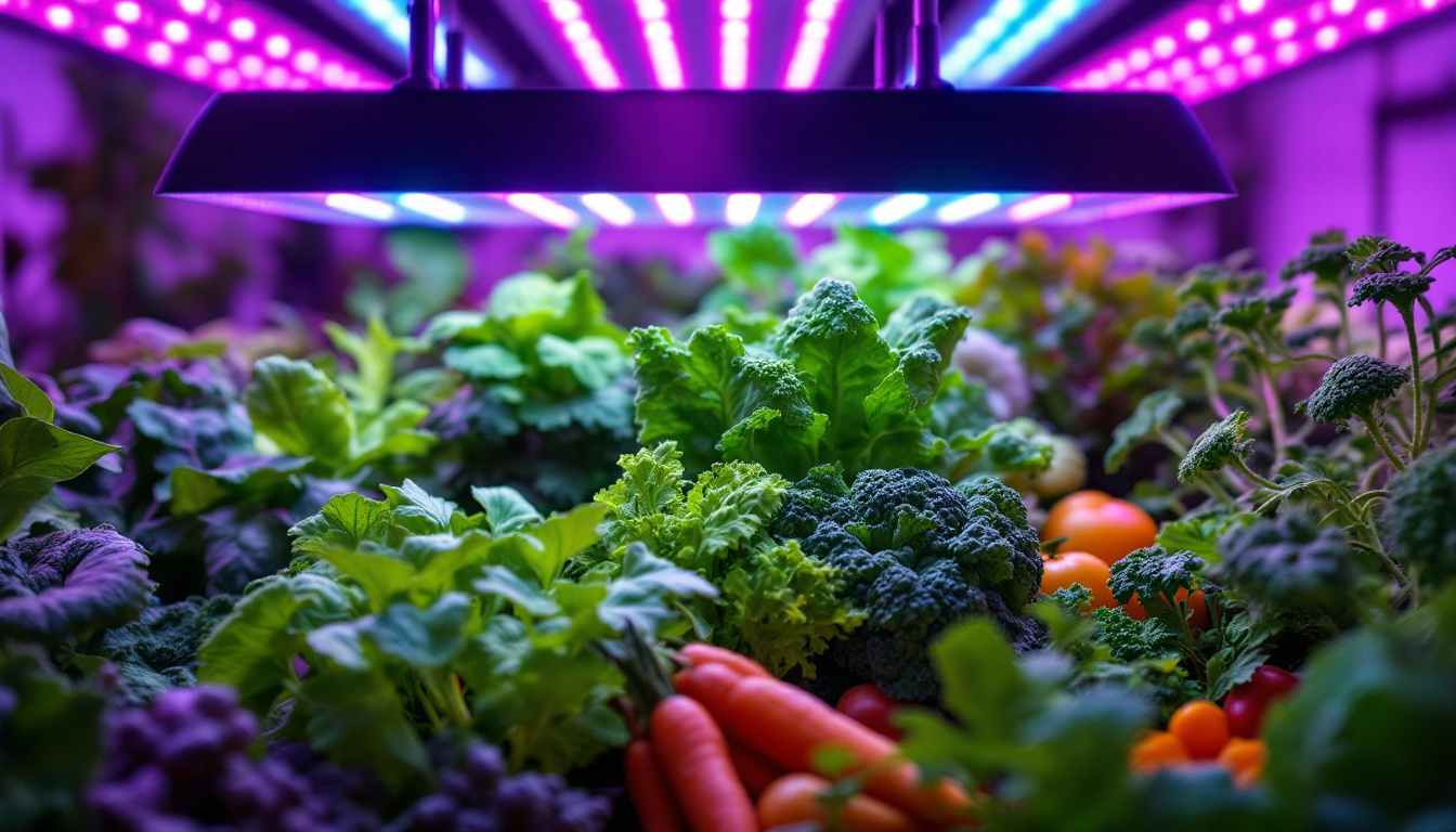 A photograph of a vibrant indoor garden setup featuring various vegetables under an array of colorful growing lights