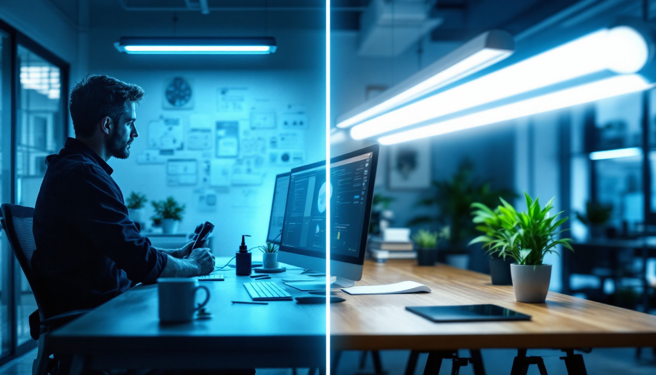 A photograph of a well-lit workspace featuring a side-by-side comparison of traditional fluorescent tubes and their led replacements