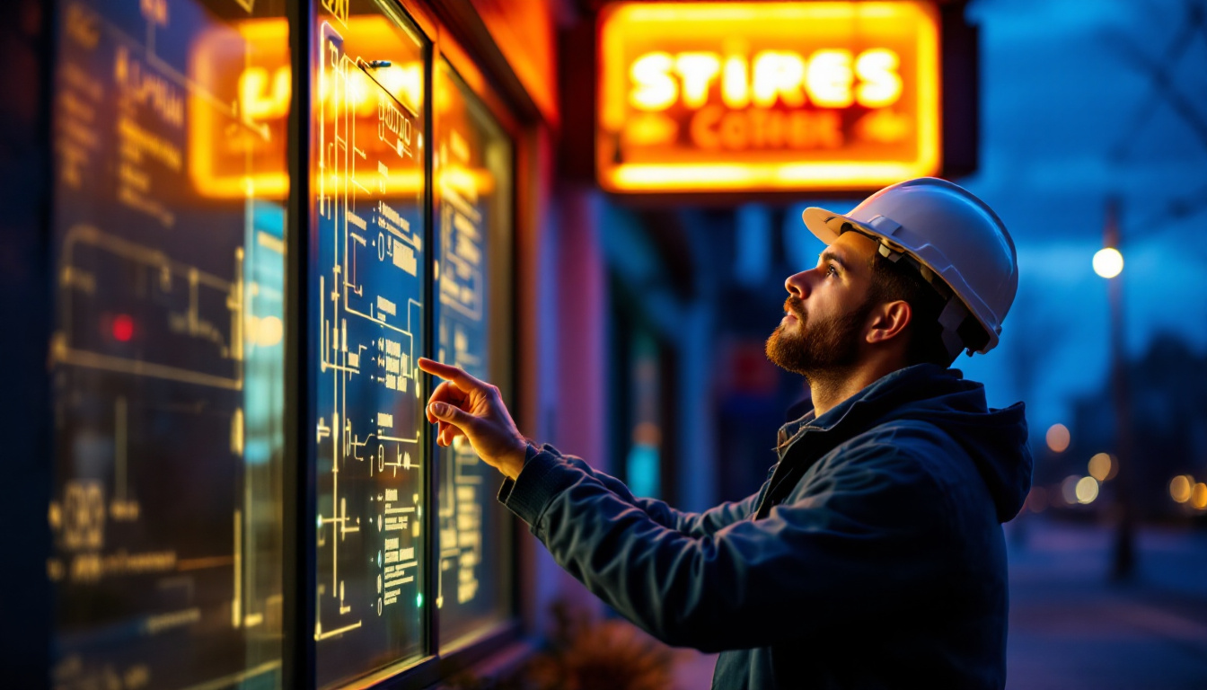 A photograph of a skilled electrical engineer examining a well-lit exterior sign at dusk