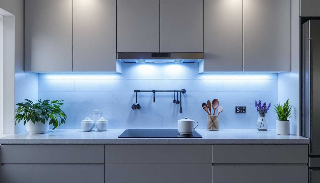 A photograph of a beautifully designed kitchen or workspace featuring sleek led under cabinet lighting that highlights the countertops and enhances the overall ambiance