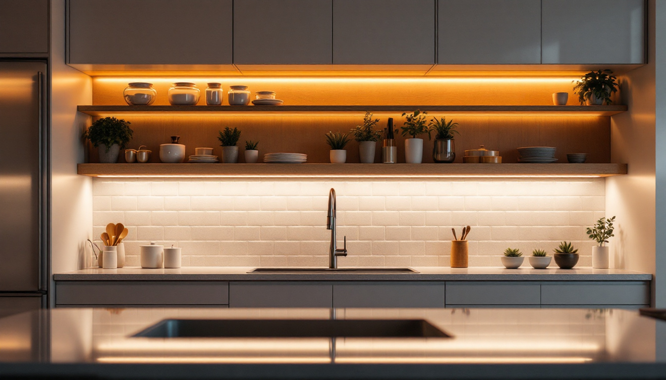 A photograph of a beautifully lit kitchen showcasing under cabinet lighting