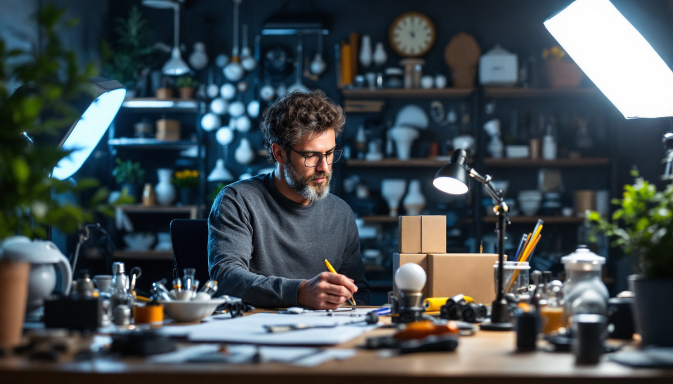 A photograph of a well-organized workspace featuring a variety of lighting parts and accessories