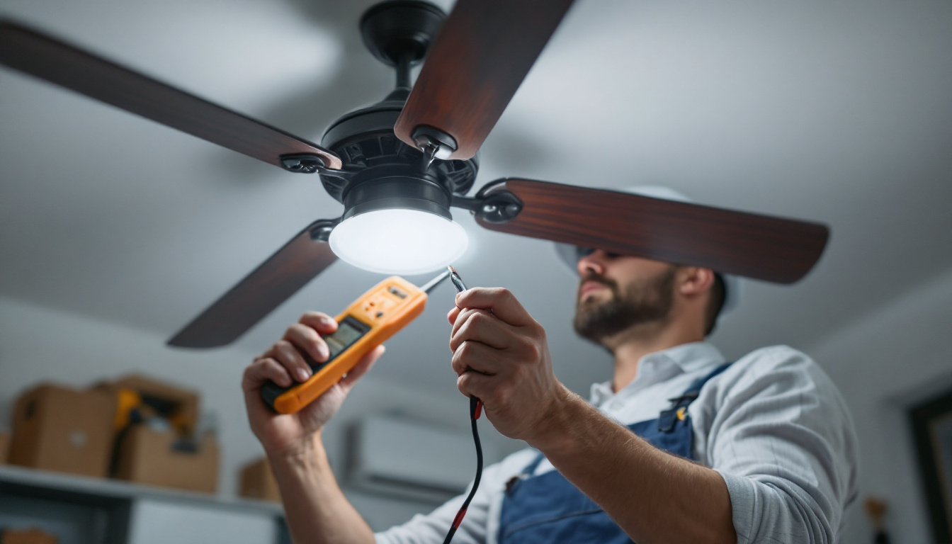 A photograph of a skilled electrical engineer troubleshooting a ceiling fan installation