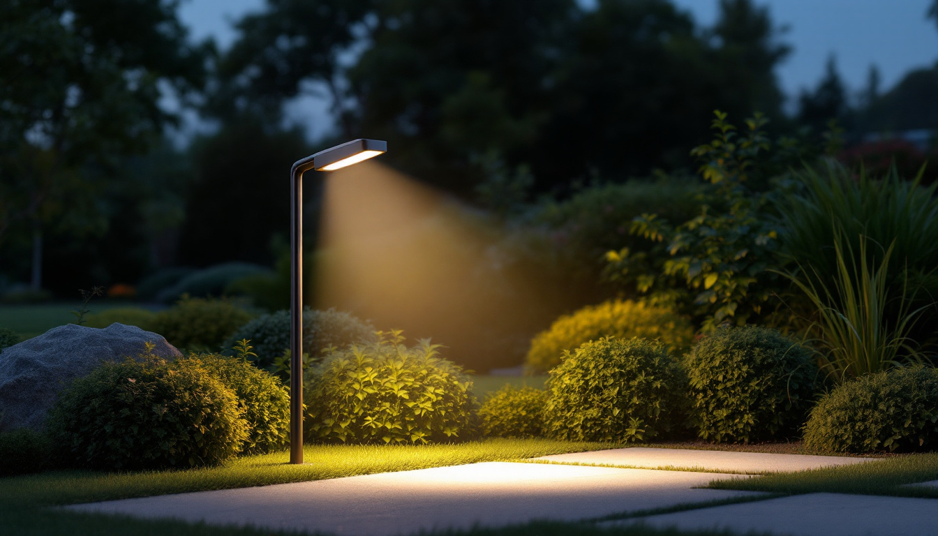A photograph of a sleek outdoor spotlight fixture elegantly illuminating a landscaped garden at dusk