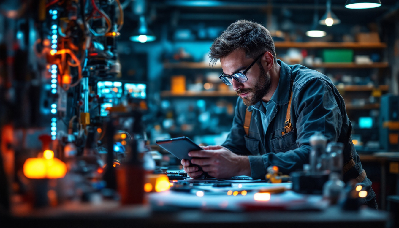 A photograph of a focused electrical engineer at a workbench