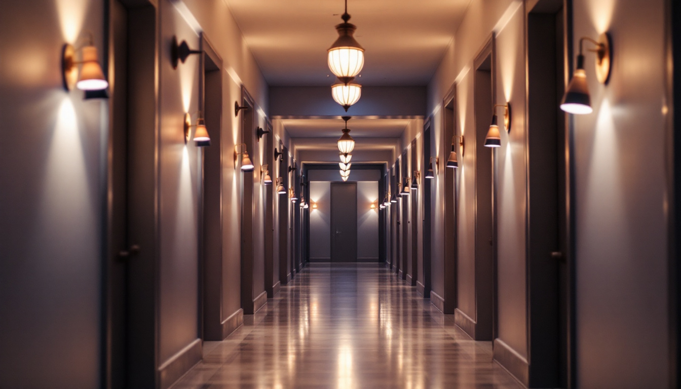 A photograph of a beautifully lit hallway showcasing a variety of stylish light fixtures