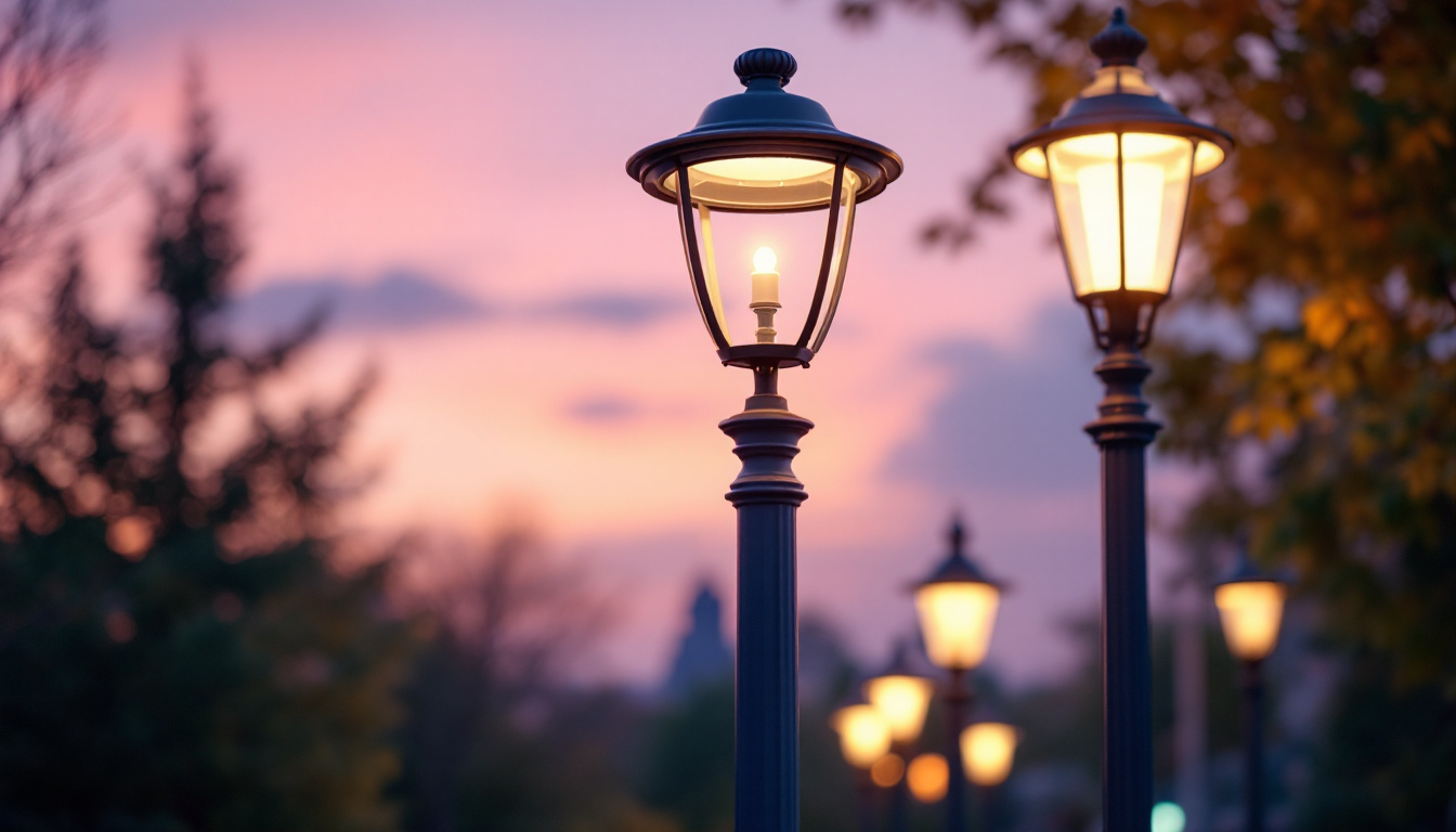 A photograph of a beautifully designed outdoor lightpost in a well-lit urban or natural setting