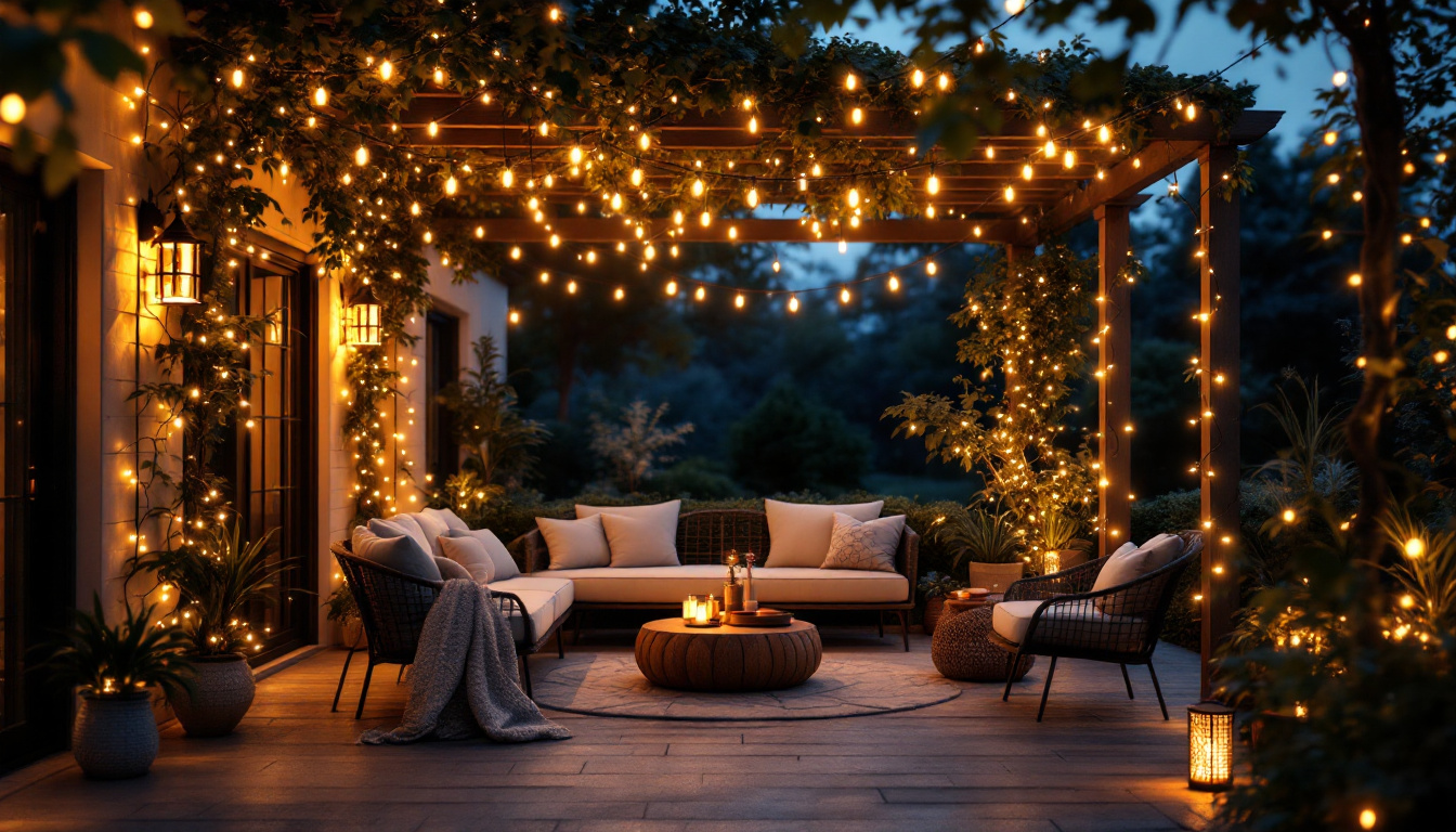 A photograph of a beautifully illuminated outdoor patio adorned with twinkle lights
