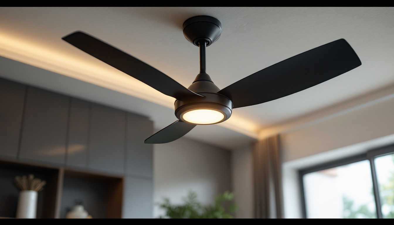 A photograph of a sleek black industrial ceiling fan installed in a modern