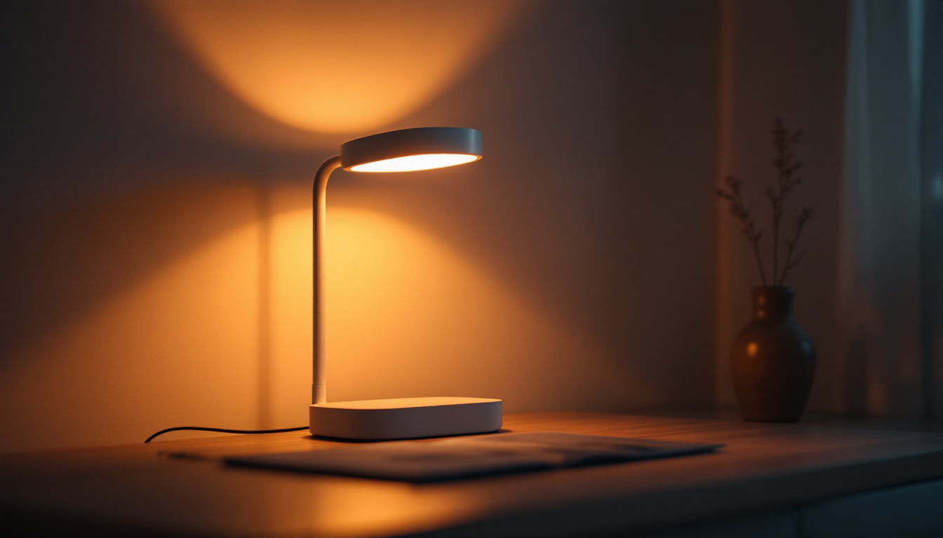 A photograph of a motion-activated lamp illuminated in a dimly lit room