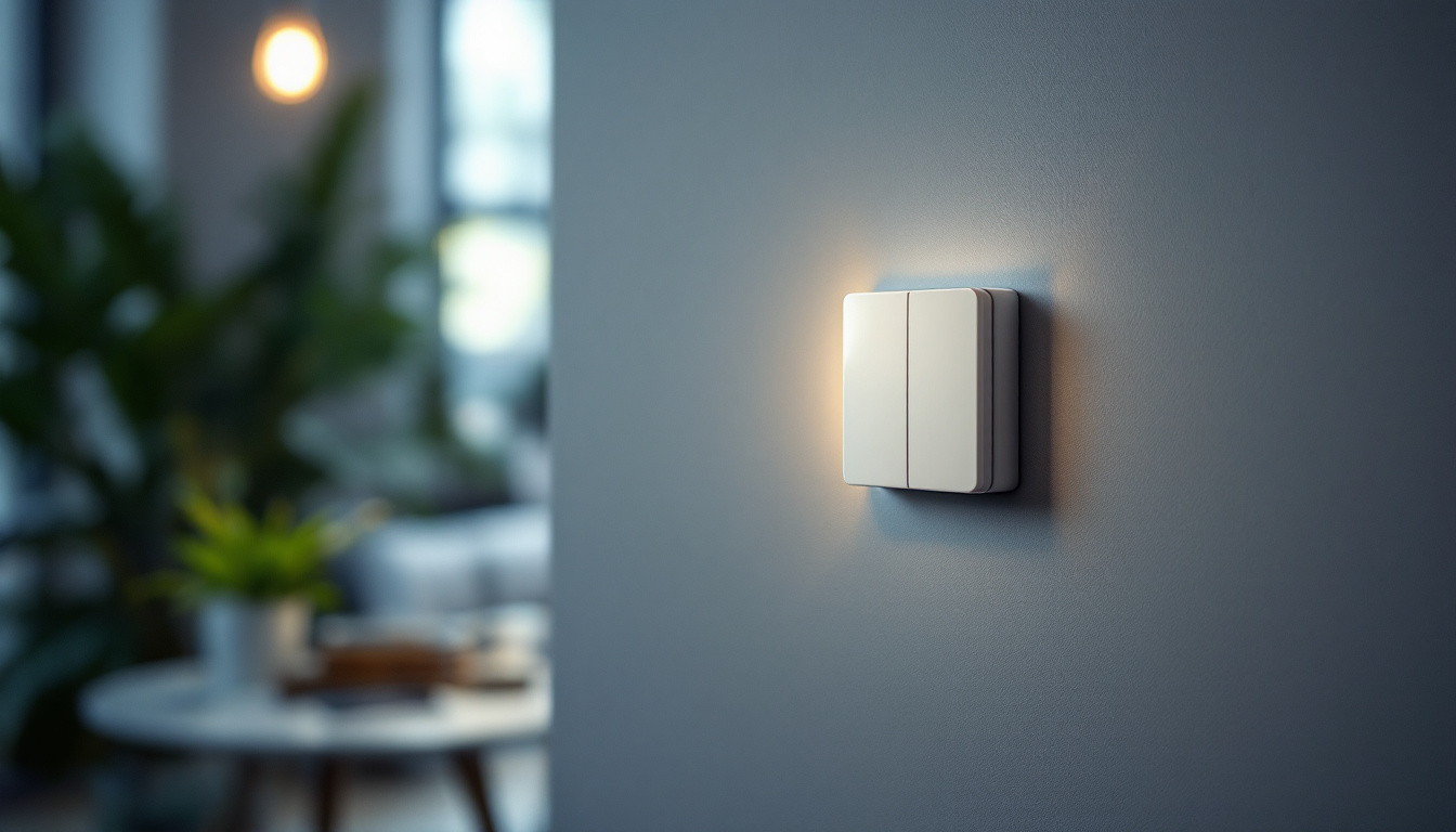 A photograph of a lighting engineer examining a modern replacement light switch in a well-lit