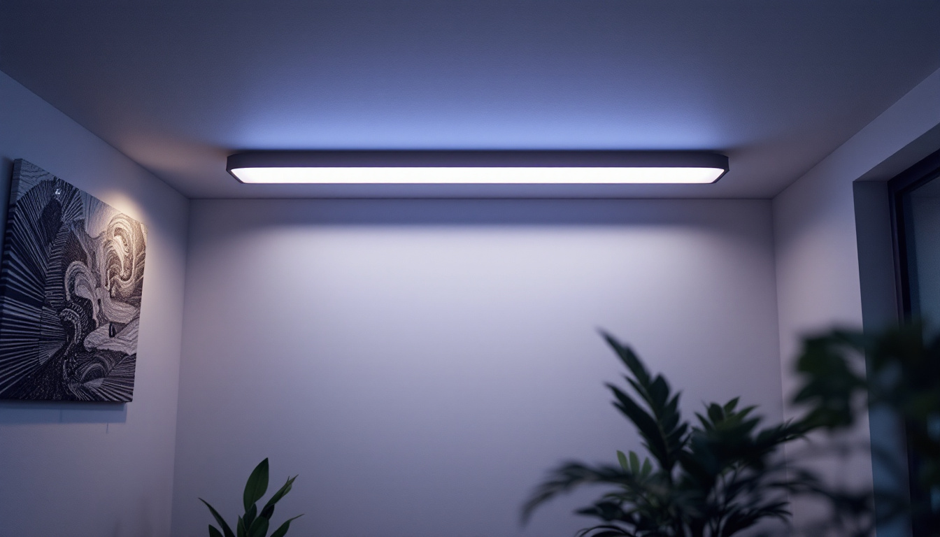 A photograph of a well-lit room featuring a sleek ceiling tube light installation