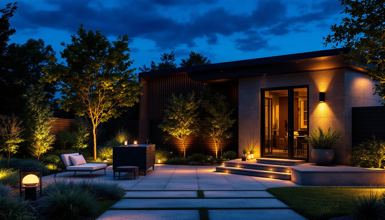 A photograph of a beautifully illuminated outdoor space featuring a variety of lighting styles and fixtures