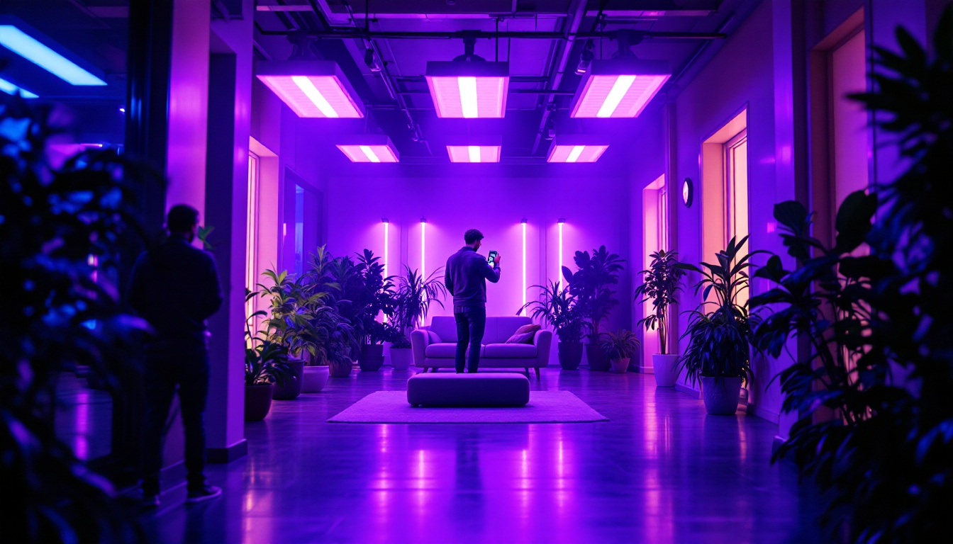 A photograph of a well-lit indoor space showcasing various ultraviolet light fixtures in use