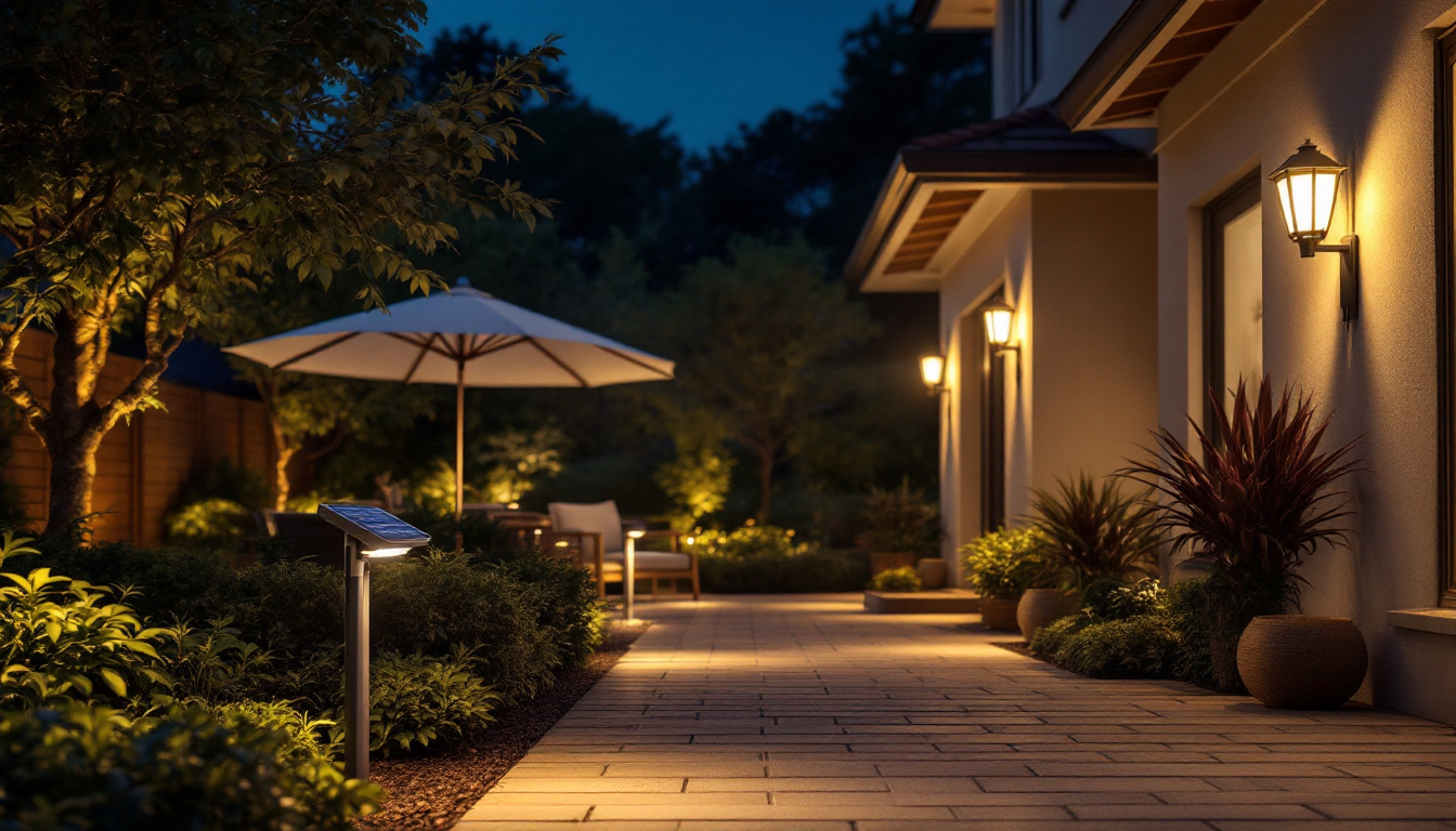 A photograph of a beautifully illuminated outdoor space featuring solar security lights in action