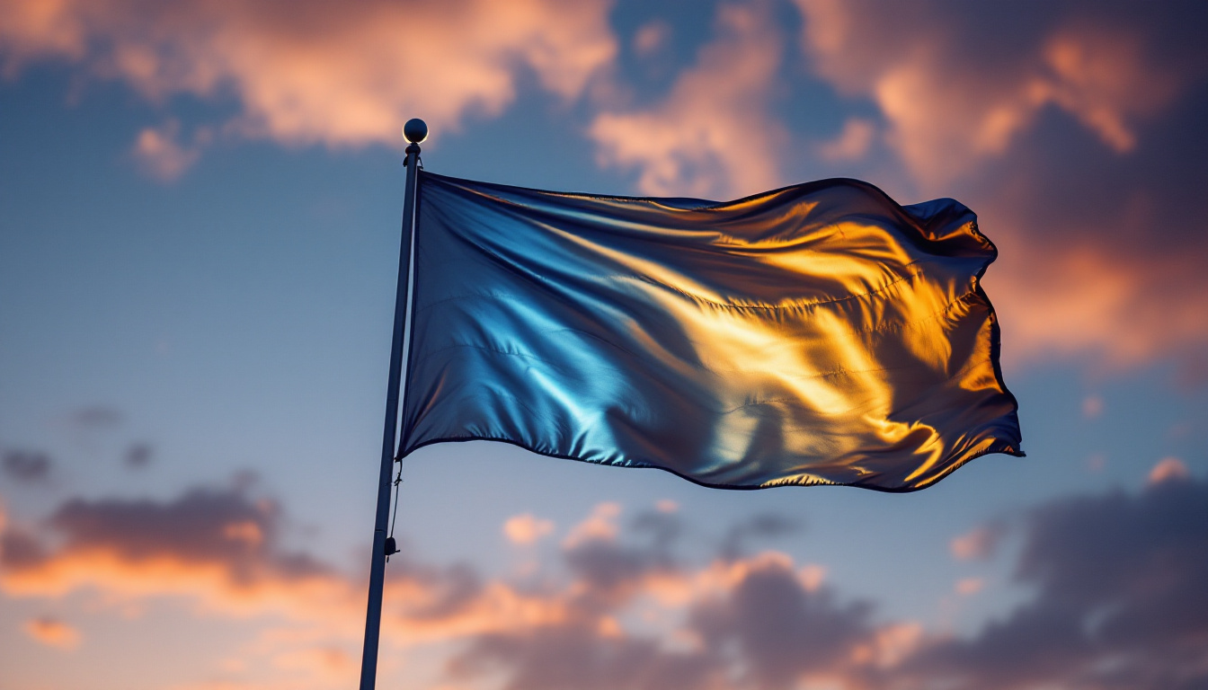 A photograph of a dramatic flag lighting setup at dusk