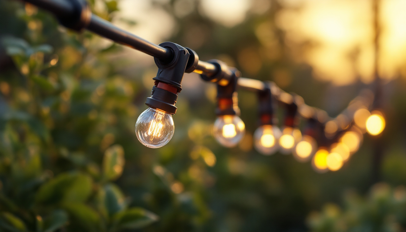 A photograph of a close-up of various outdoor lighting wire connectors in a garden setting
