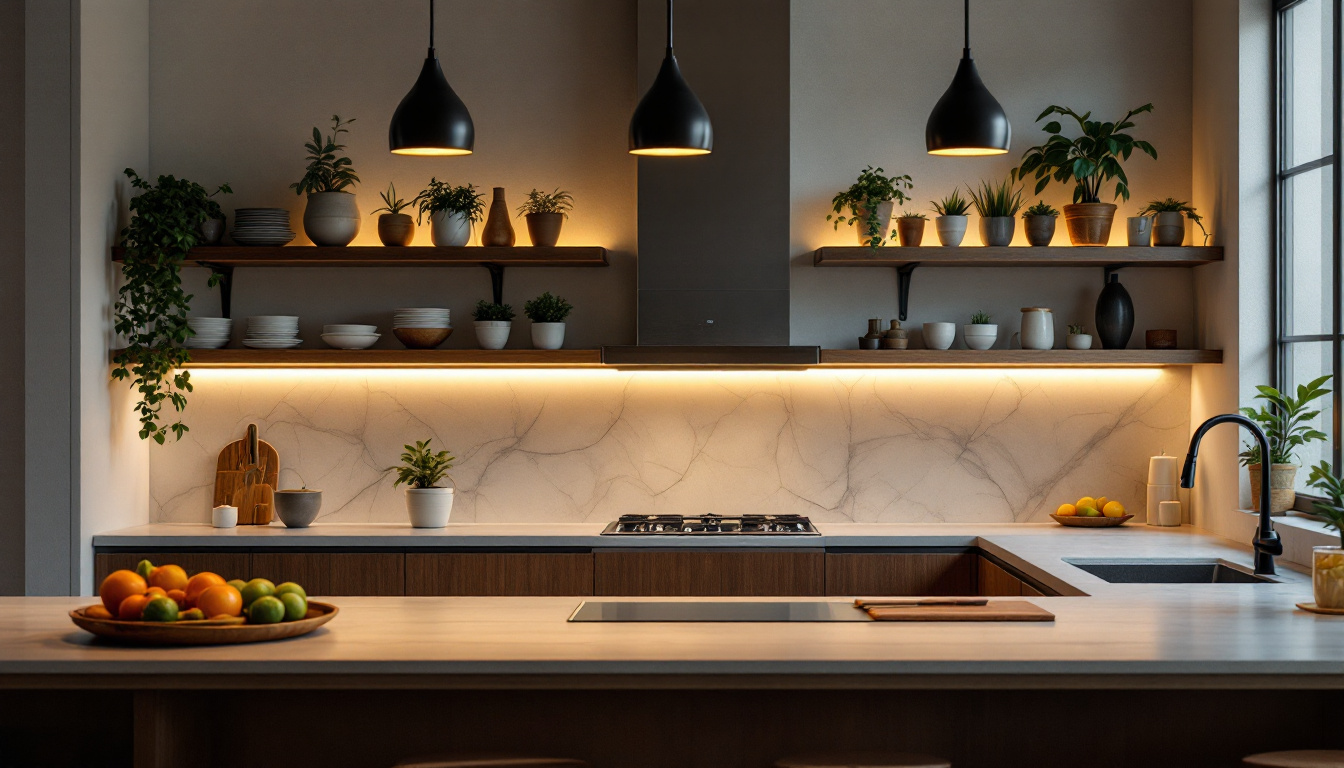 A photograph of a beautifully designed kitchen or living space featuring under-shelf lighting that highlights sustainable materials and energy-efficient fixtures