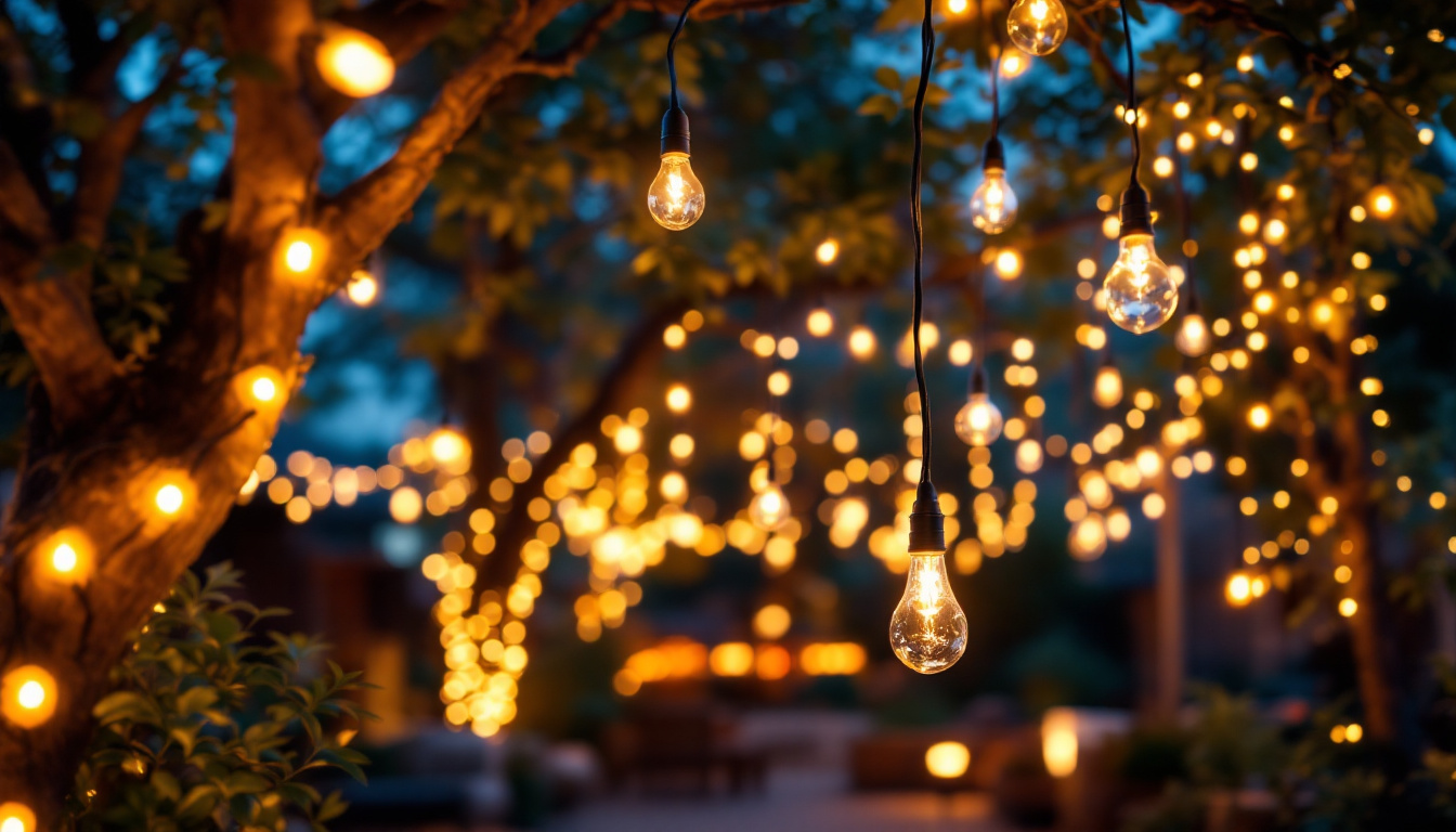 A photograph of a beautifully illuminated outdoor space featuring led string lights elegantly draped across trees or structures