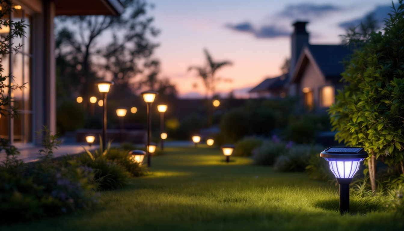 A photograph of a well-lit outdoor space featuring various solar led lights in use