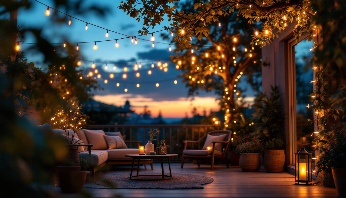 A photograph of a beautifully lit outdoor patio scene at dusk