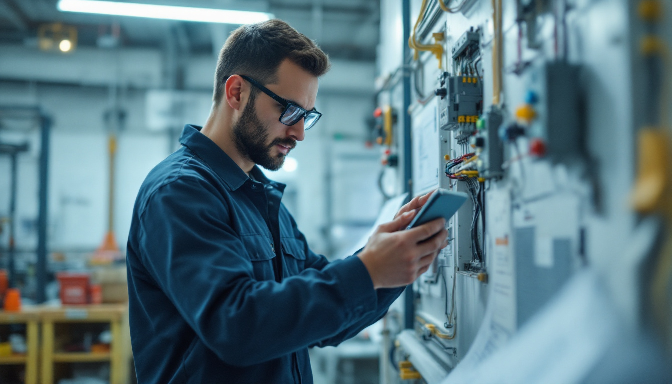 A photograph of an engineer or technician examining electrical components and wiring in a well-lit workspace