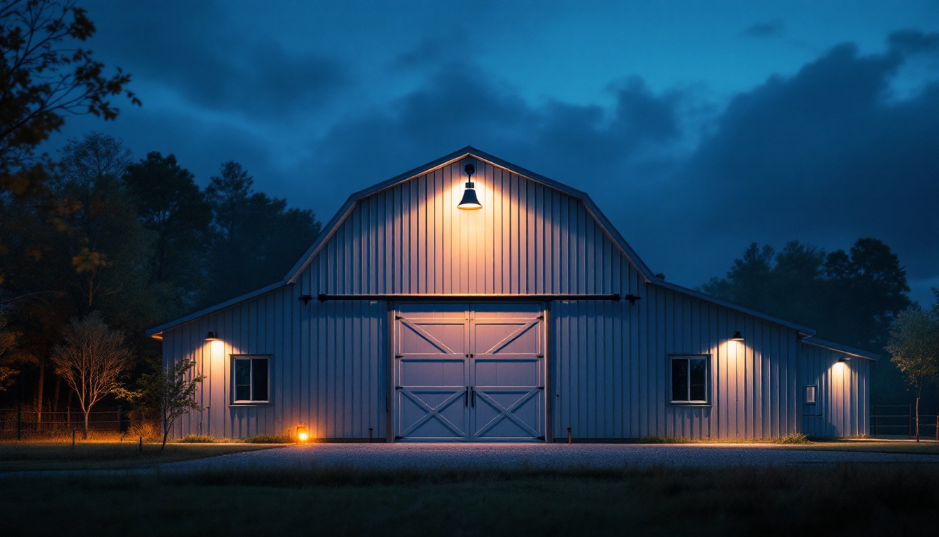 A photograph of a modern pole barn illuminated by an advanced lighting system