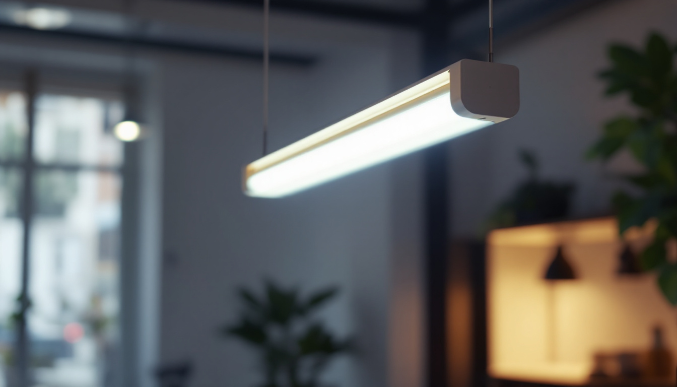 A photograph of a t5 bulb fixture in a well-lit environment