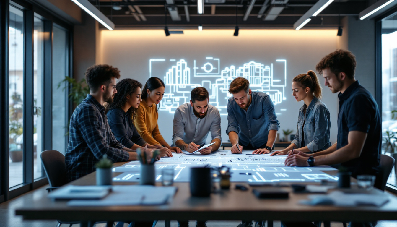 A photograph of a diverse group of engineers collaborating around a sleek