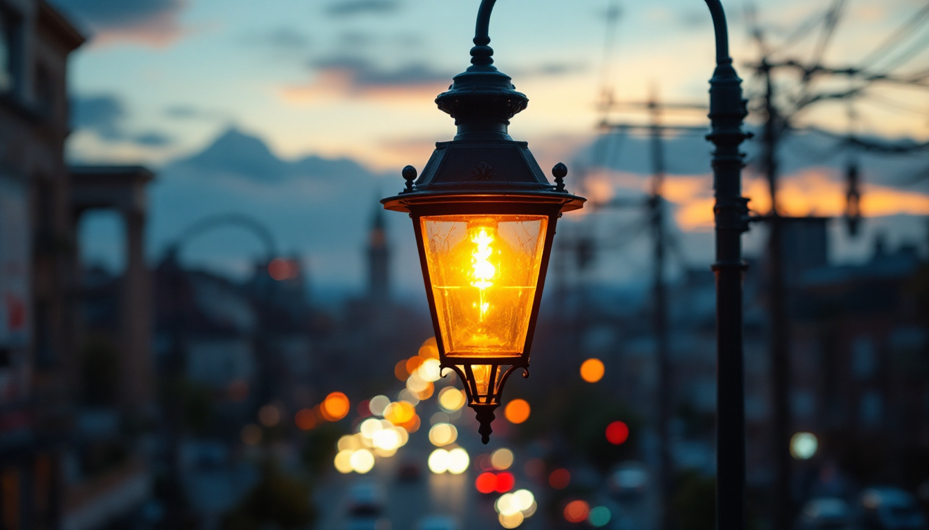 A photograph of a vintage street light illuminating a bustling city street at dusk