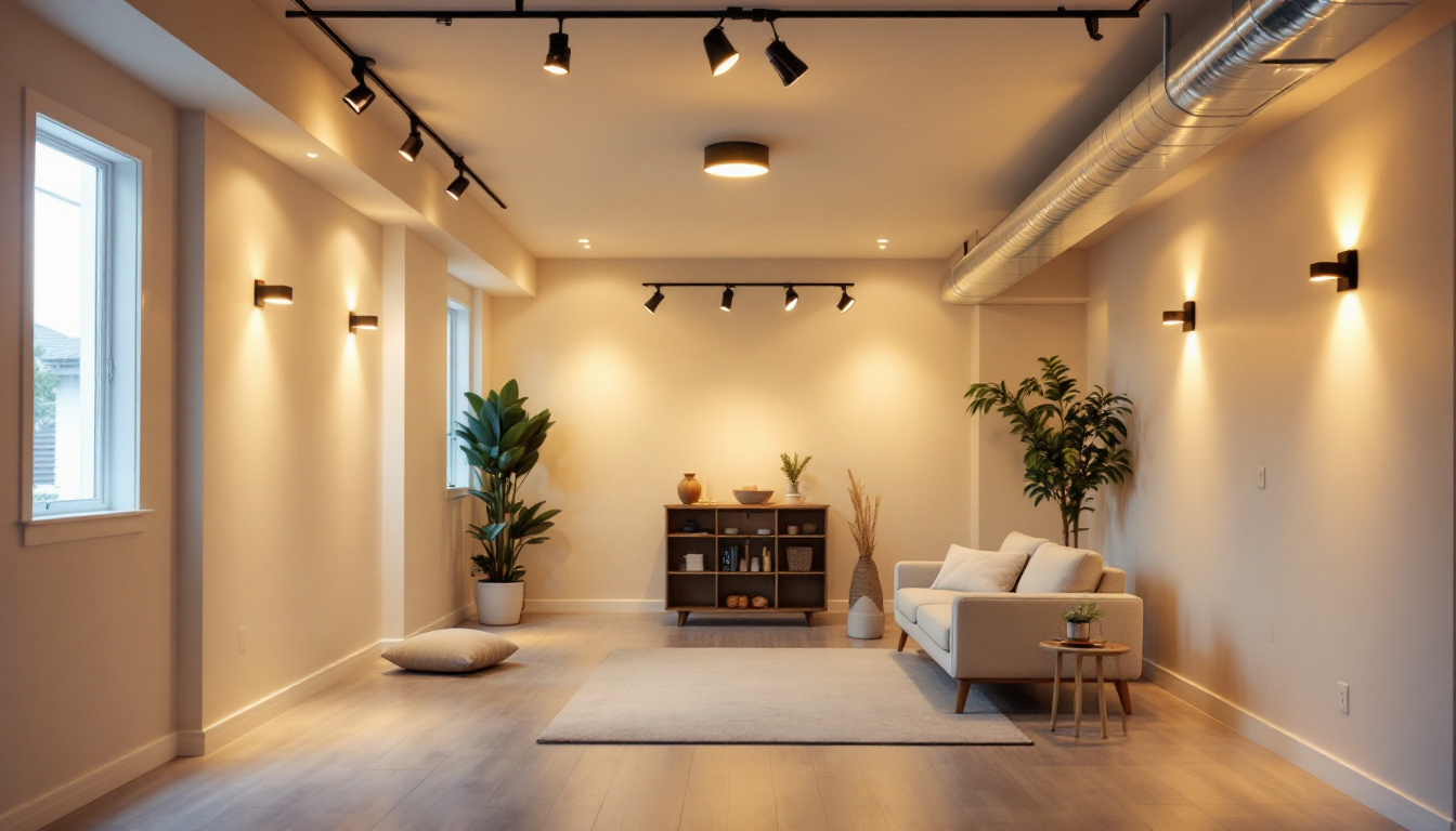 A photograph of a well-lit unfinished basement showcasing various lighting options