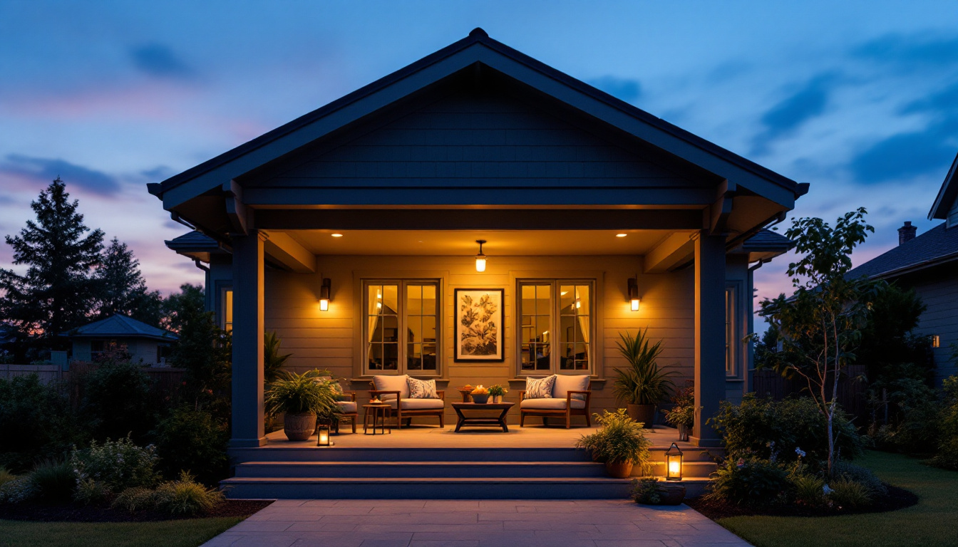 A photograph of a stylish ceiling mount porch light elegantly illuminating an inviting porch space during twilight
