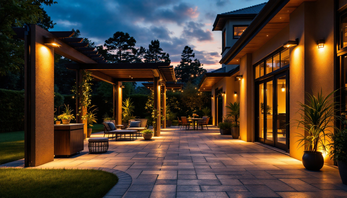 A photograph of a beautifully illuminated outdoor patio at dusk