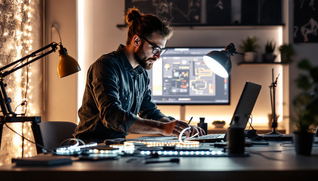 A photograph of a sleek and modern workspace where an engineer is actively designing a lighting layout using led light tape