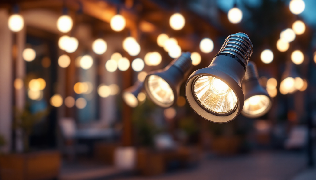 A photograph of a beautifully illuminated outdoor space featuring various spot light bulbs