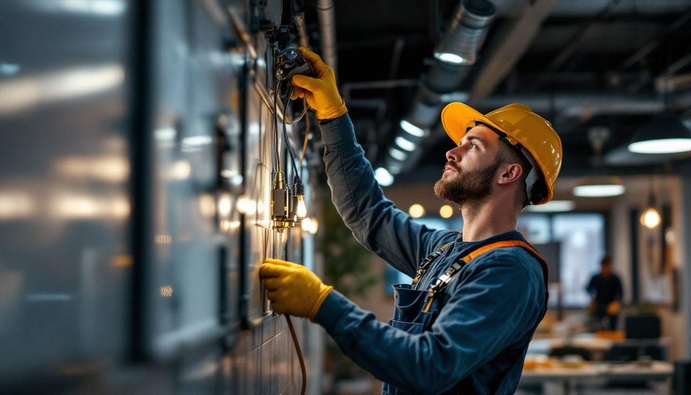 A photograph of a skilled electrician installing a high-quality connector in a well-lit commercial space