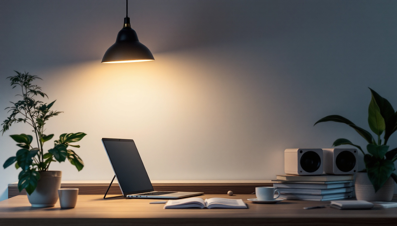 A photograph of a modern workspace or home interior illuminated by sleek