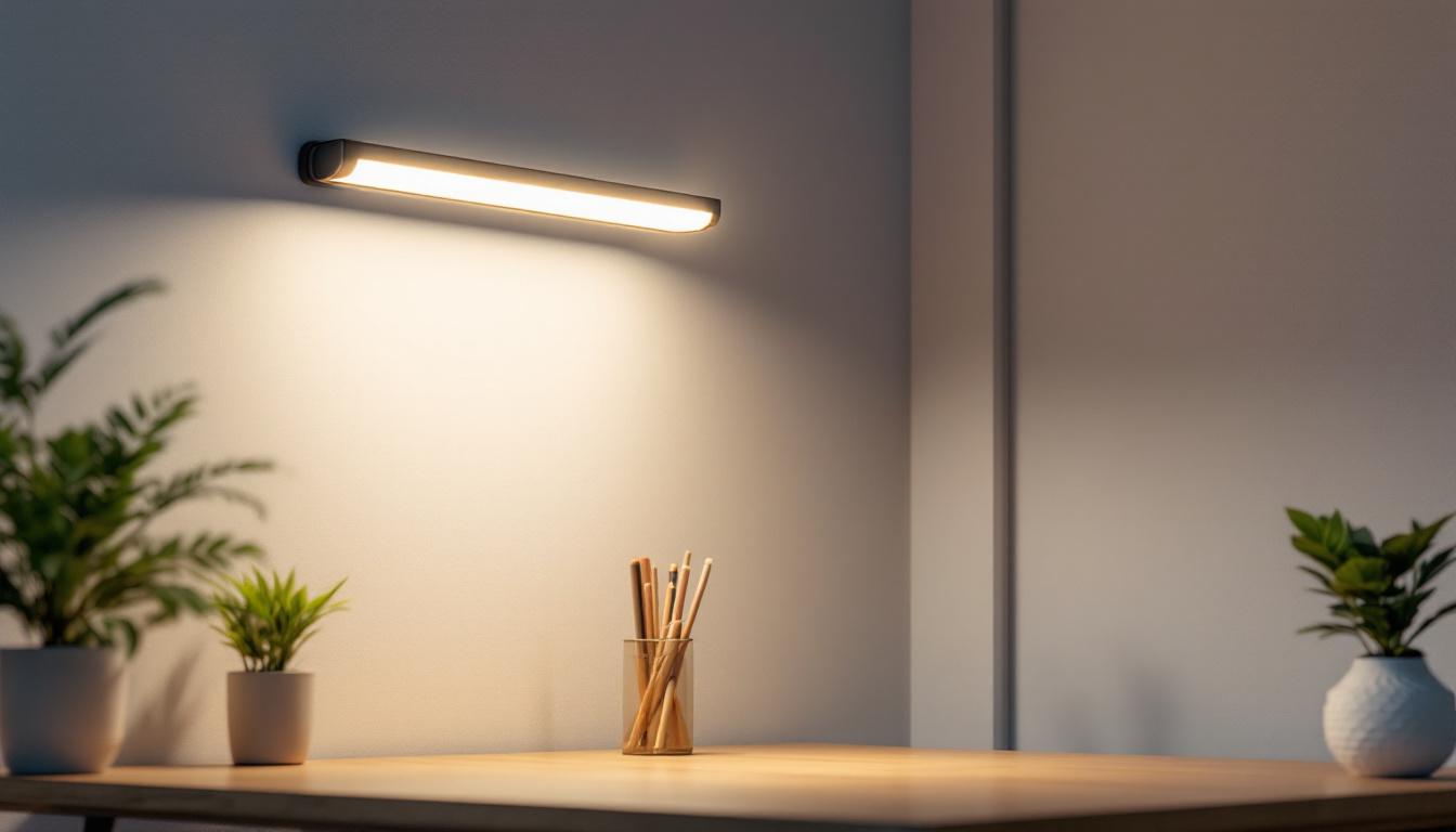 A photograph of a well-lit workspace featuring a sleek led tube light illuminating a modern interior