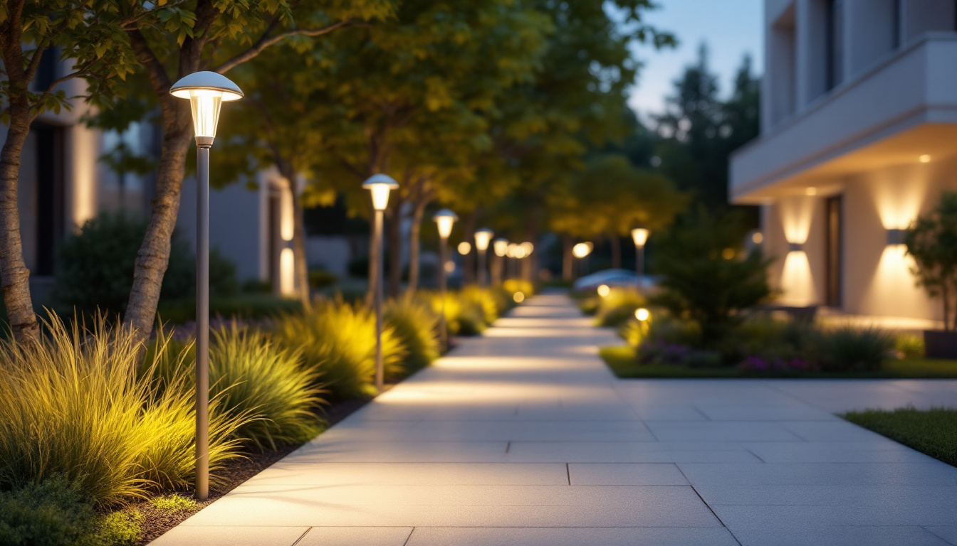 A photograph of a beautifully illuminated outdoor space featuring white lighting fixtures